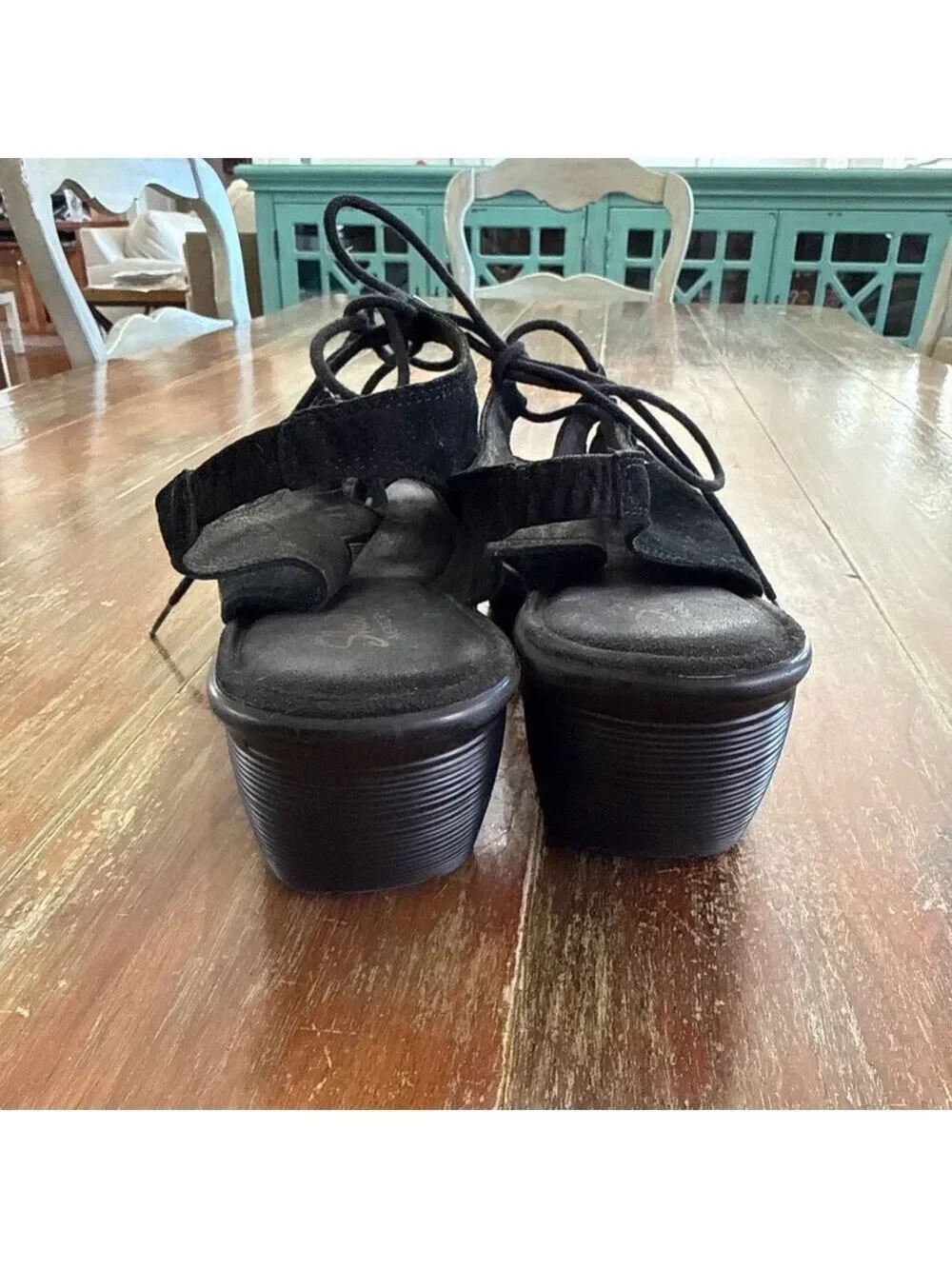 Skechers Black Suede Ghillie Lace-Up Peep Toe Wedges - Women's Size 9.5